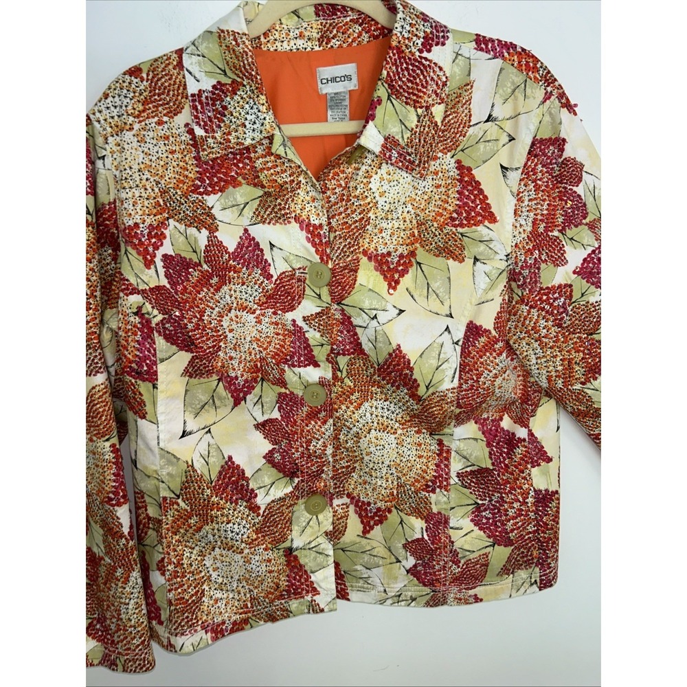 Chico's Jacket Womens Size 2 Multicolor Floral‎ Ladybug Print Button Lined